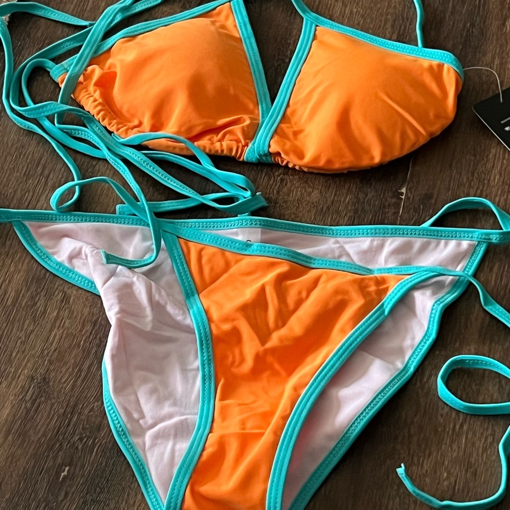 Vibrant Orange Bikini with Teal Trim